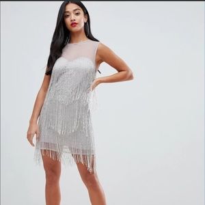 Petite mini dress with embellished fringe